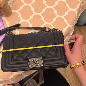 Black Quilted Boy Shoulder Bag with Silver Hardware